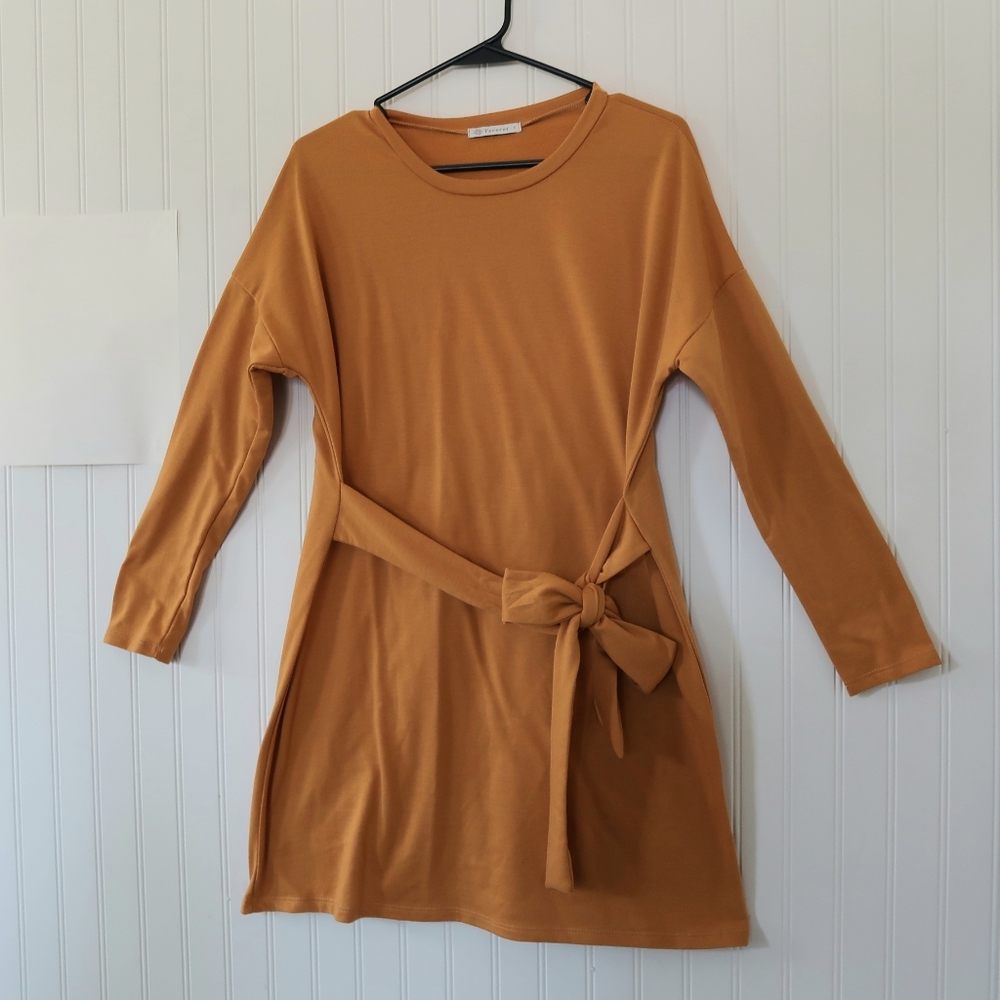 Mustard Yellow Knit A Line Short Knee Length Belted Dress Stretch